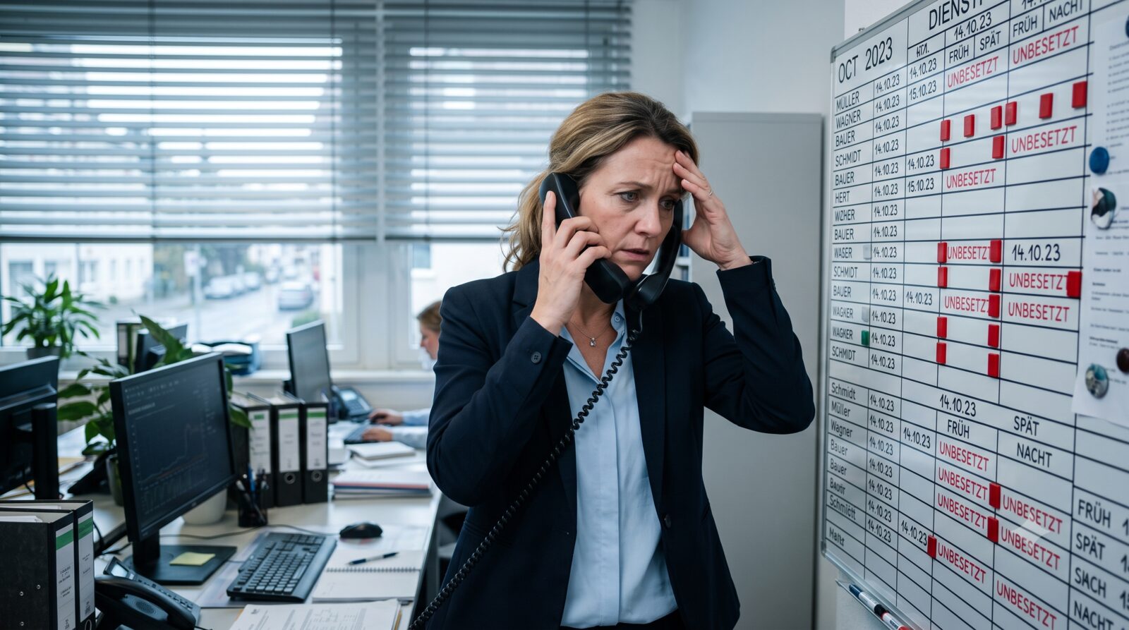 Pflegedienstleitung steht gestresst am Telefon vor einem Dienstplan mit leeren Schichten