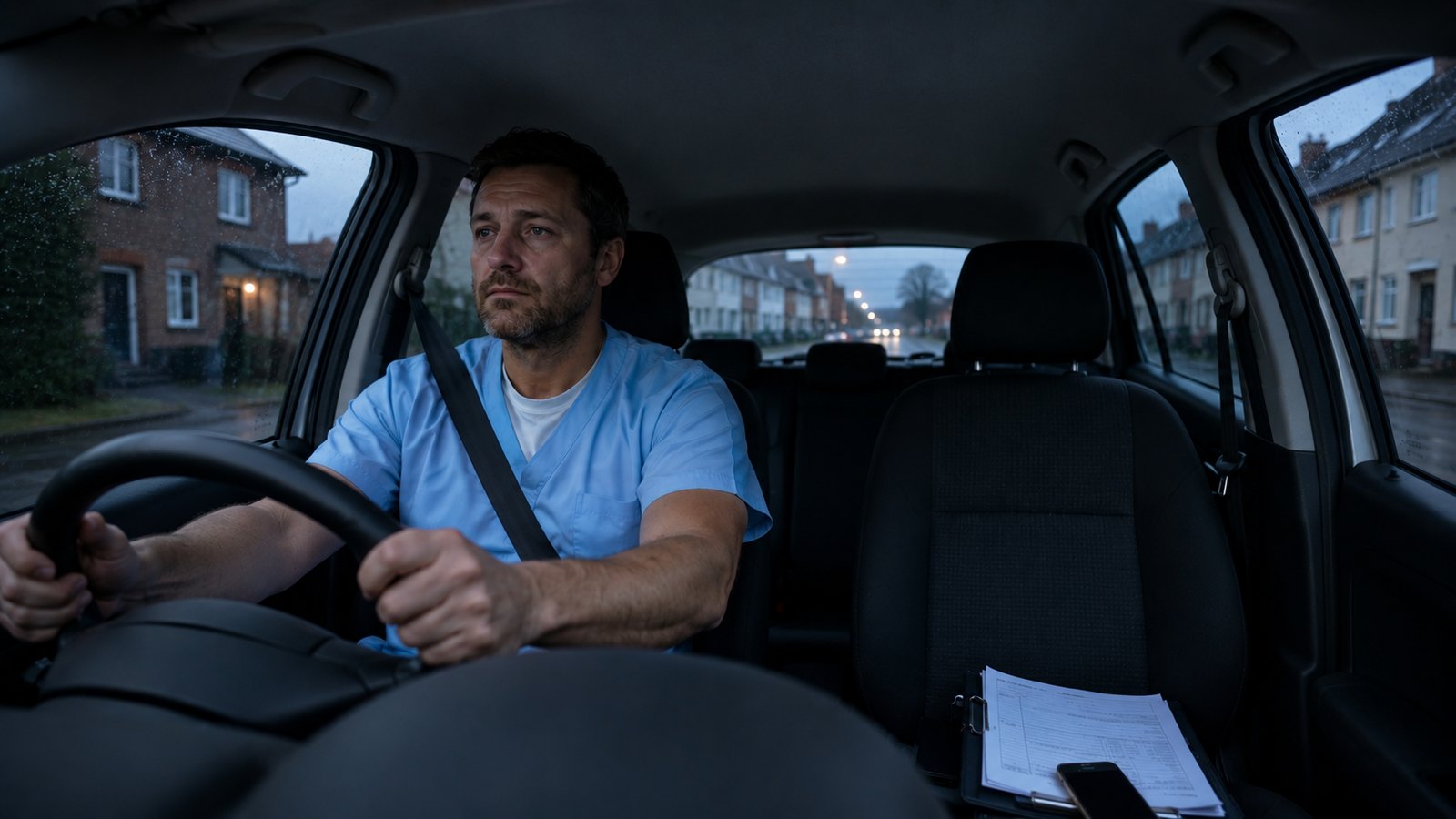 Pflegedienstleitung im Kasack sitzt erschöpft selbst am Steuer des Pflegedienst-Fahrzeugs